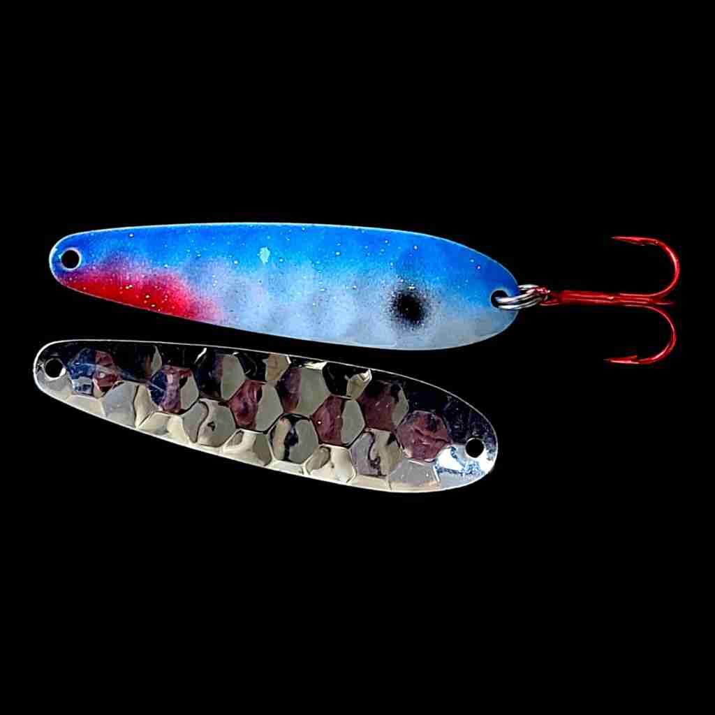 Bago Lures Blue Shad Flutter Spoon with silver back.