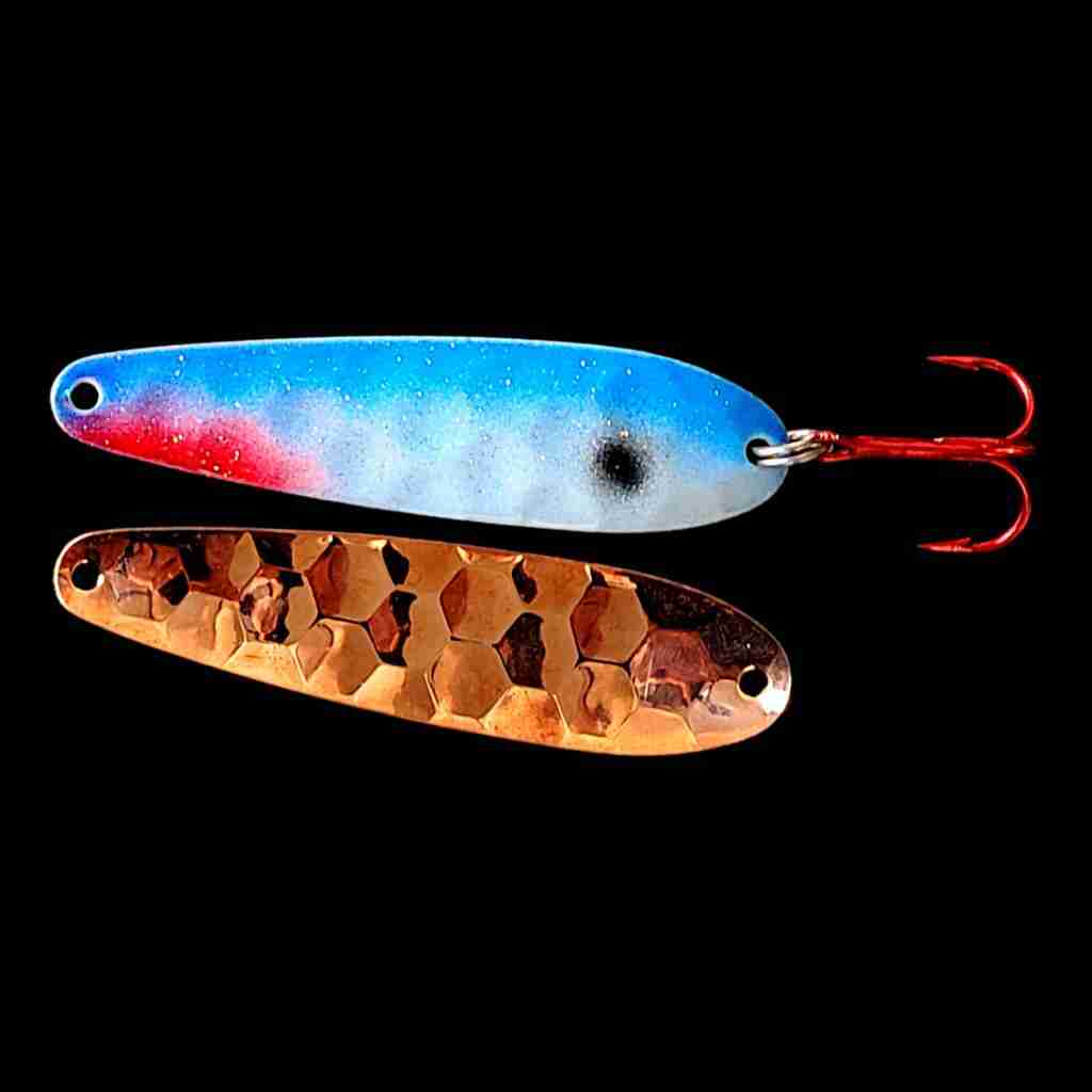 Bago Lures Blue Shad Flutter Spoon with copper back.