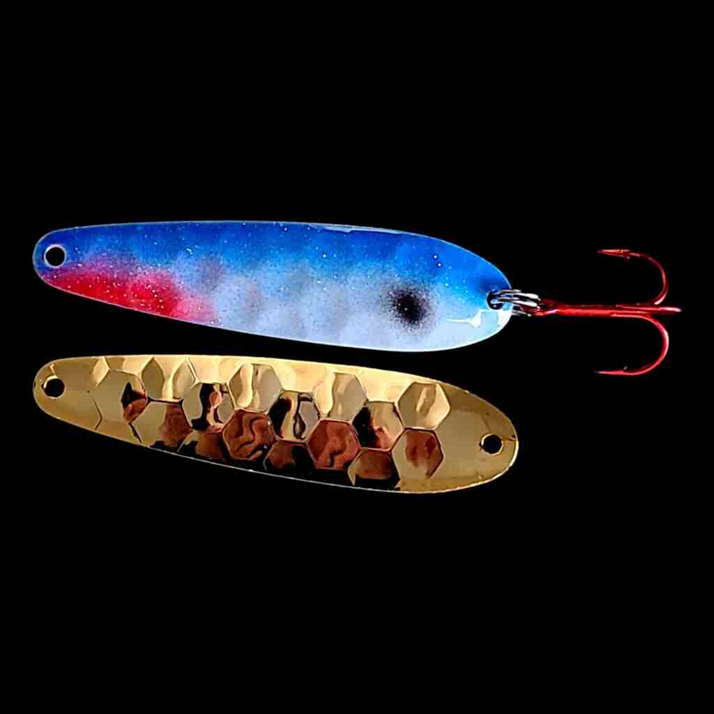 Bago Lures Blue Shad Flutter Spoon with gold back.