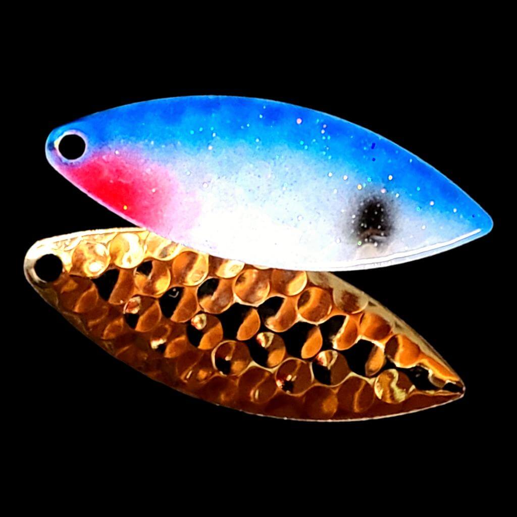 Bago Lures Blue Shad Willowleaf Spinner Blade with gold back.