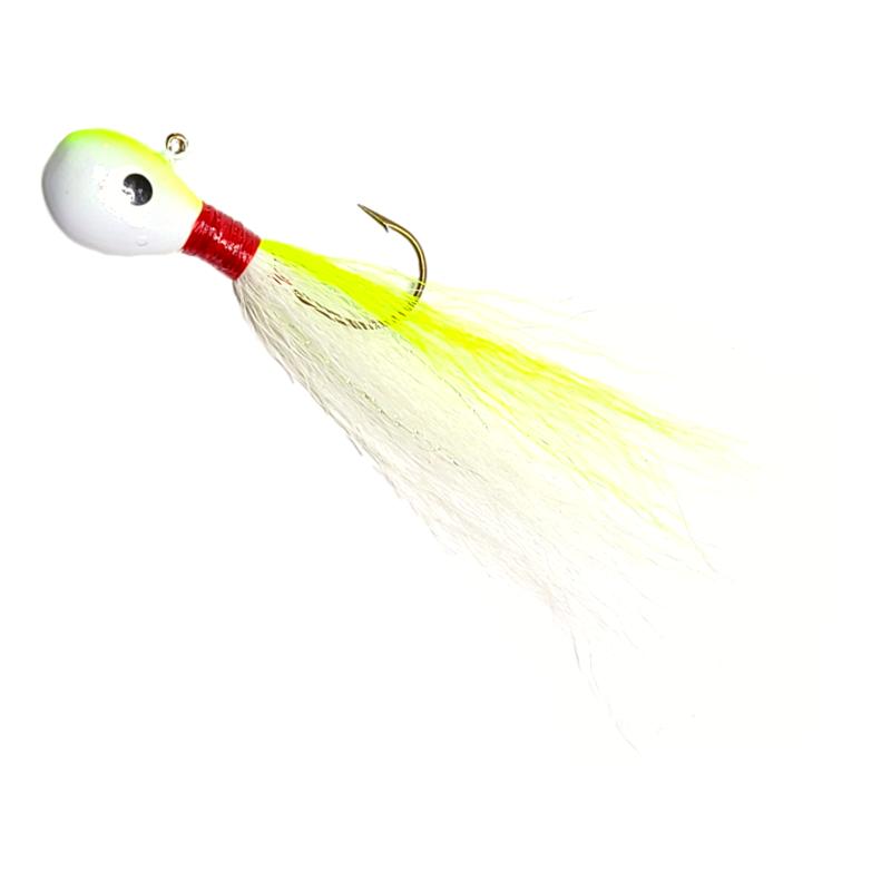 Bago Lures Chartreuse White Trophy Chaser Flat Head Bucktail Jig.