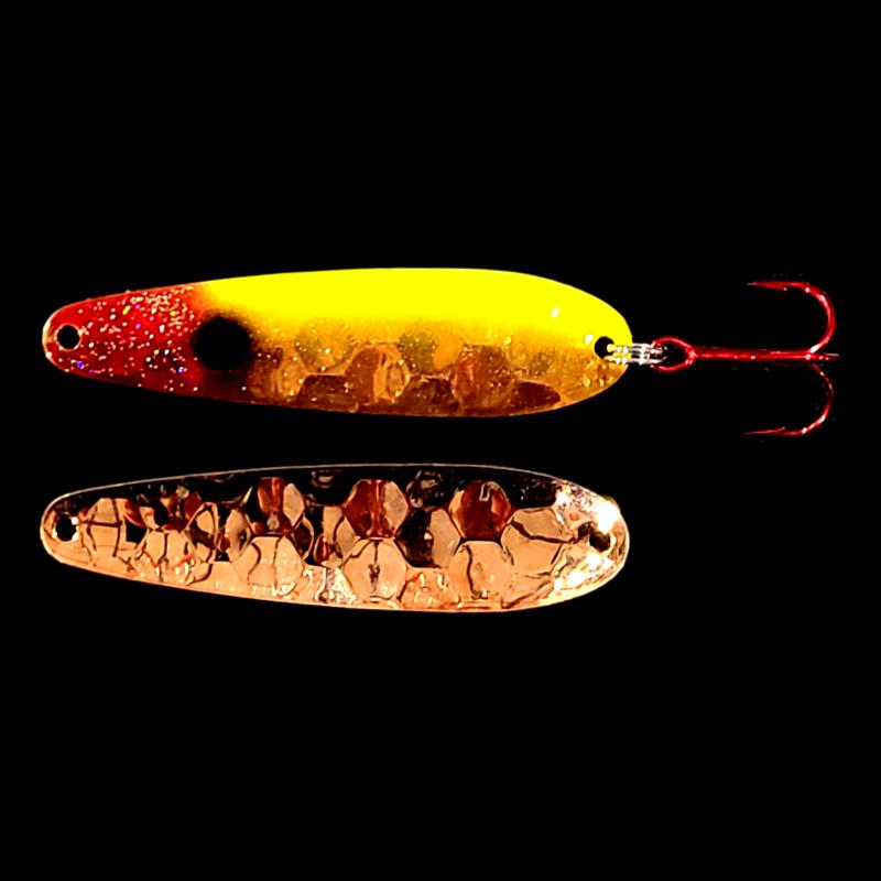 Bago Lures Clown Walleye Whisperer Flutter Spoon with copper back.