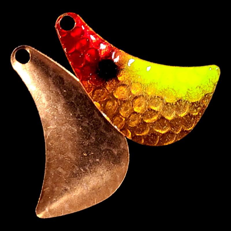 Bago Lures Clown Hatchet Walleye Spinner Blade with copper back.
