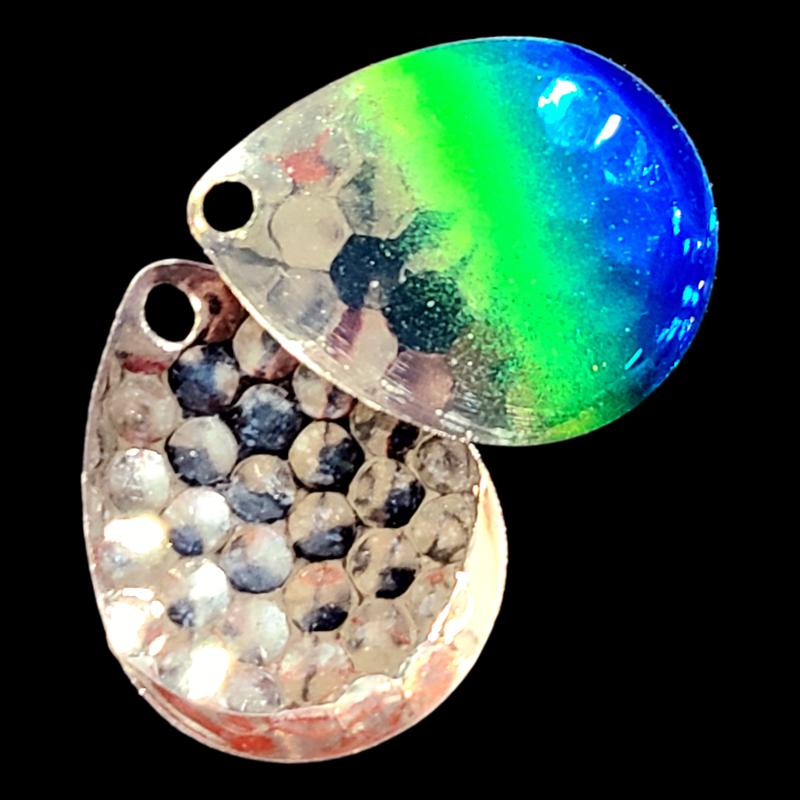 Bago Lures Double UV Blue Flash Walleye Whisperer Deep Cup Colorado Blade with UV silver back.