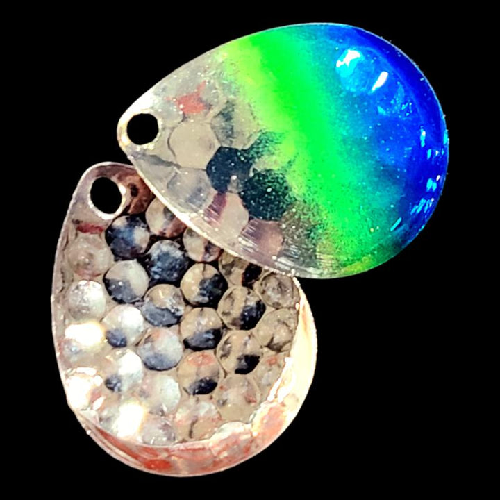 Bago Lures Double UV Blue Flash Walleye Whisperer Deep Cup Colorado Blade with UV silver back.