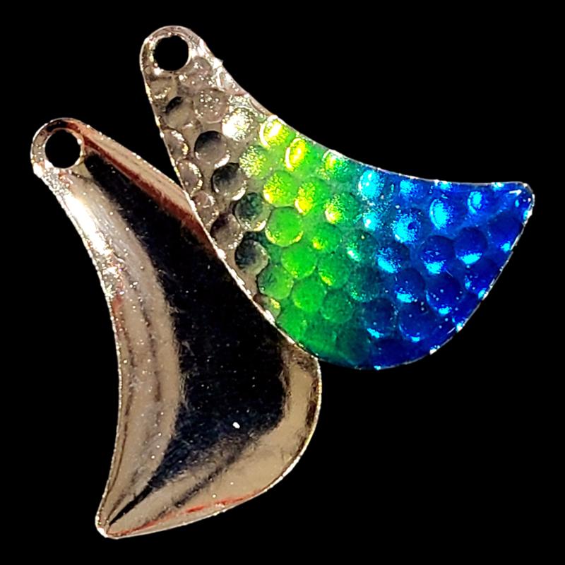 Bago Lures Double UV Blue Flash Walleye Whisperer Hatchet Blade with nickel back.