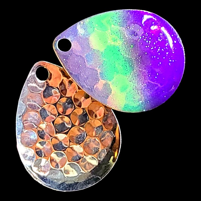 Bago Lures Double UV Purple Flash Walleye Whisperer Deep Cup Colorado Blade with silver back.