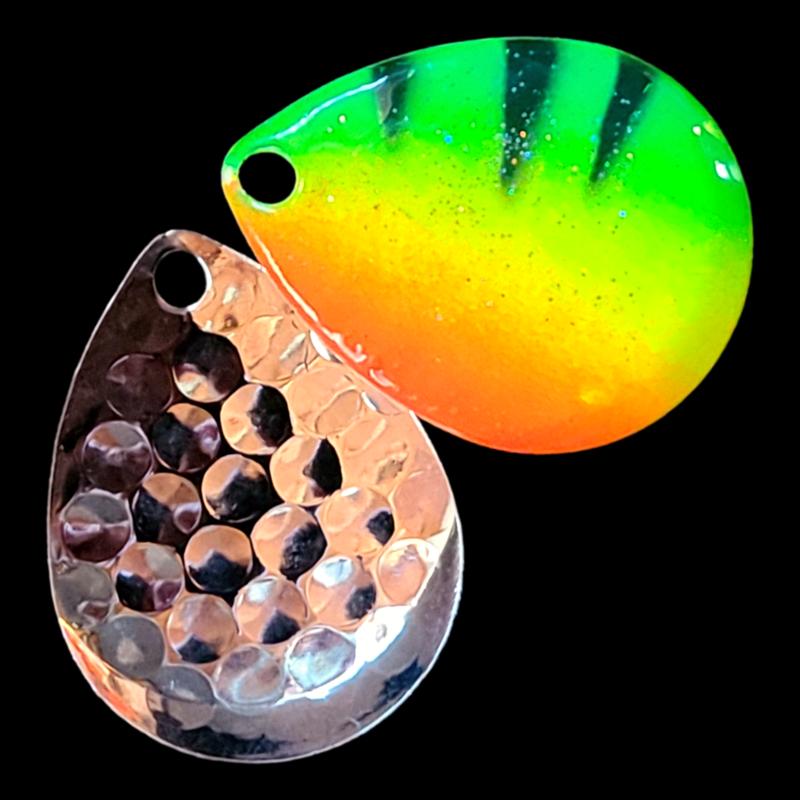 Bago Lures Firetiger Walleye Whisperer Deep Cup Colorado Spinner Blade with silver back.