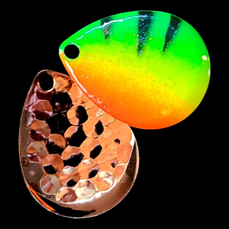 Bago Lures Firetiger Walleye Whisperer Deep Cup Colorado Spinner Blade with copper back.