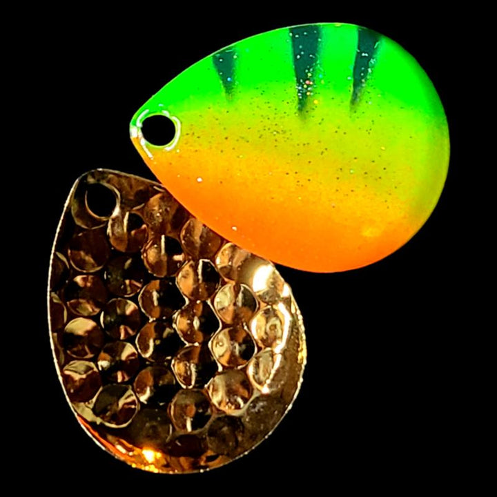 Bago Lures Firetiger Walleye Whisperer Deep Cup Colorado Spinner Blade with gold back.