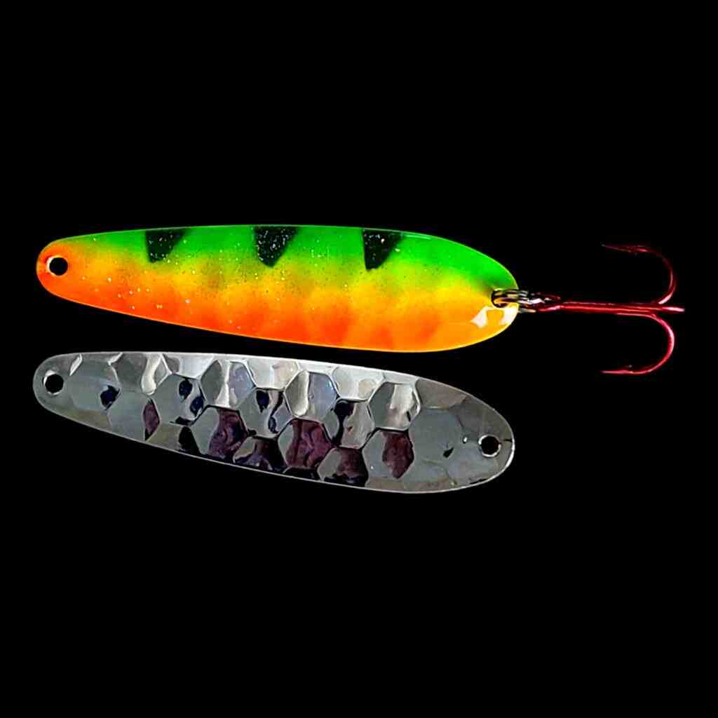 Bago Lures Firetiger Flutter Spoon with silver back.