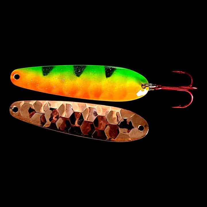 Bago Lures Firetiger Flutter Spoon with copper back.