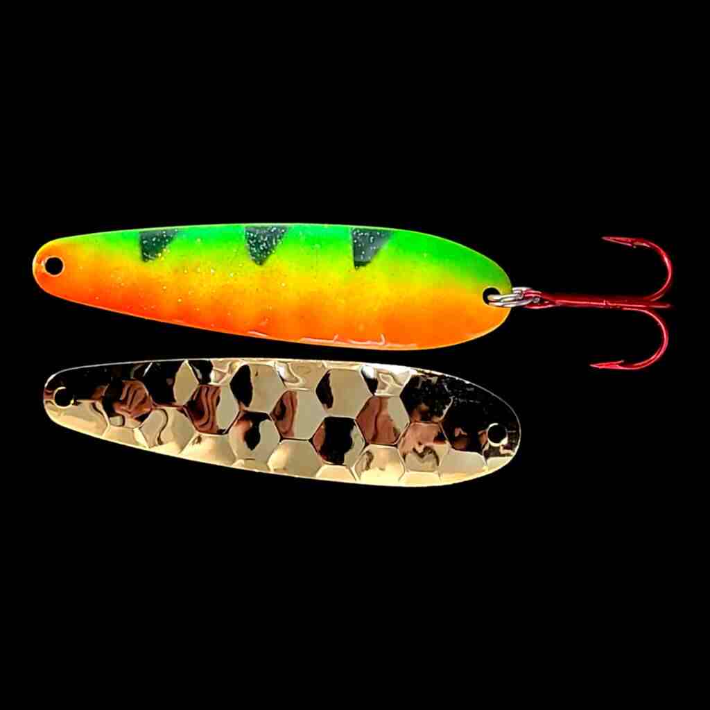 Bago Lures Firetiger Flutter Spoon with gold back.