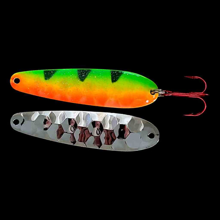 Bago Lures Firetiger Flutter Spoon with nickel back.
