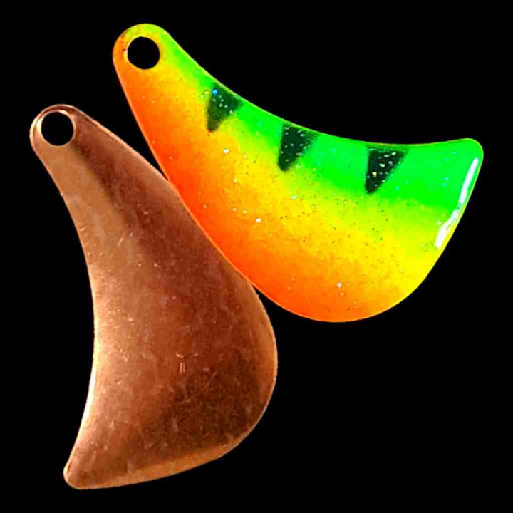 Bago Lures Firetiger Hatchet Spinner Blade with copper back.