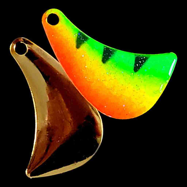 Bago Lures Firetiger Hatchet Spinner Blade with gold back.