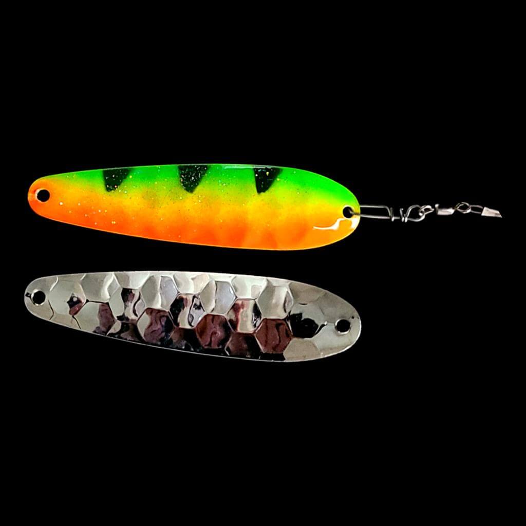 Bago Lures Firetiger Spoon Harness with silver back.