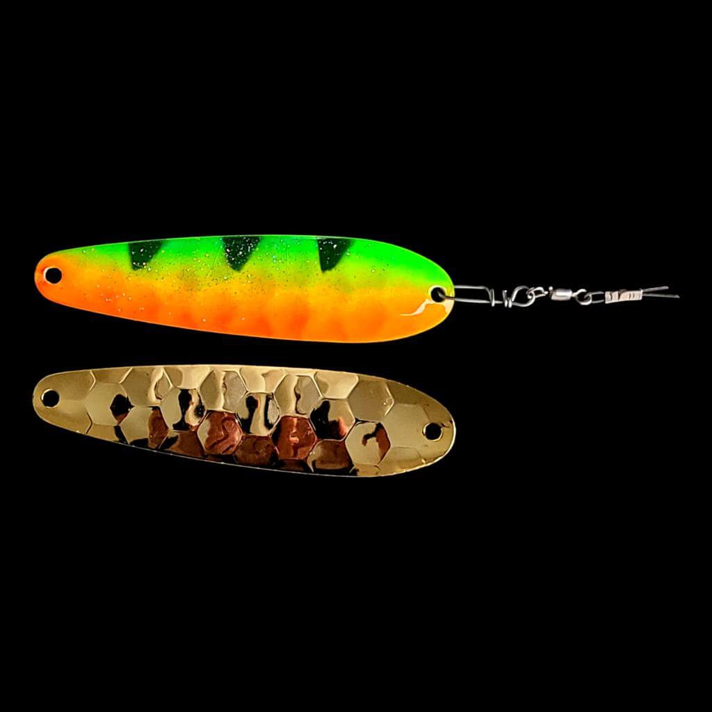 Bago Lures Firetiger Spoon Harness with gold back.