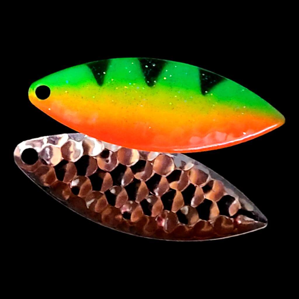 Bago Lures Firetiger Willowleaf Spinner Blade with silver back.