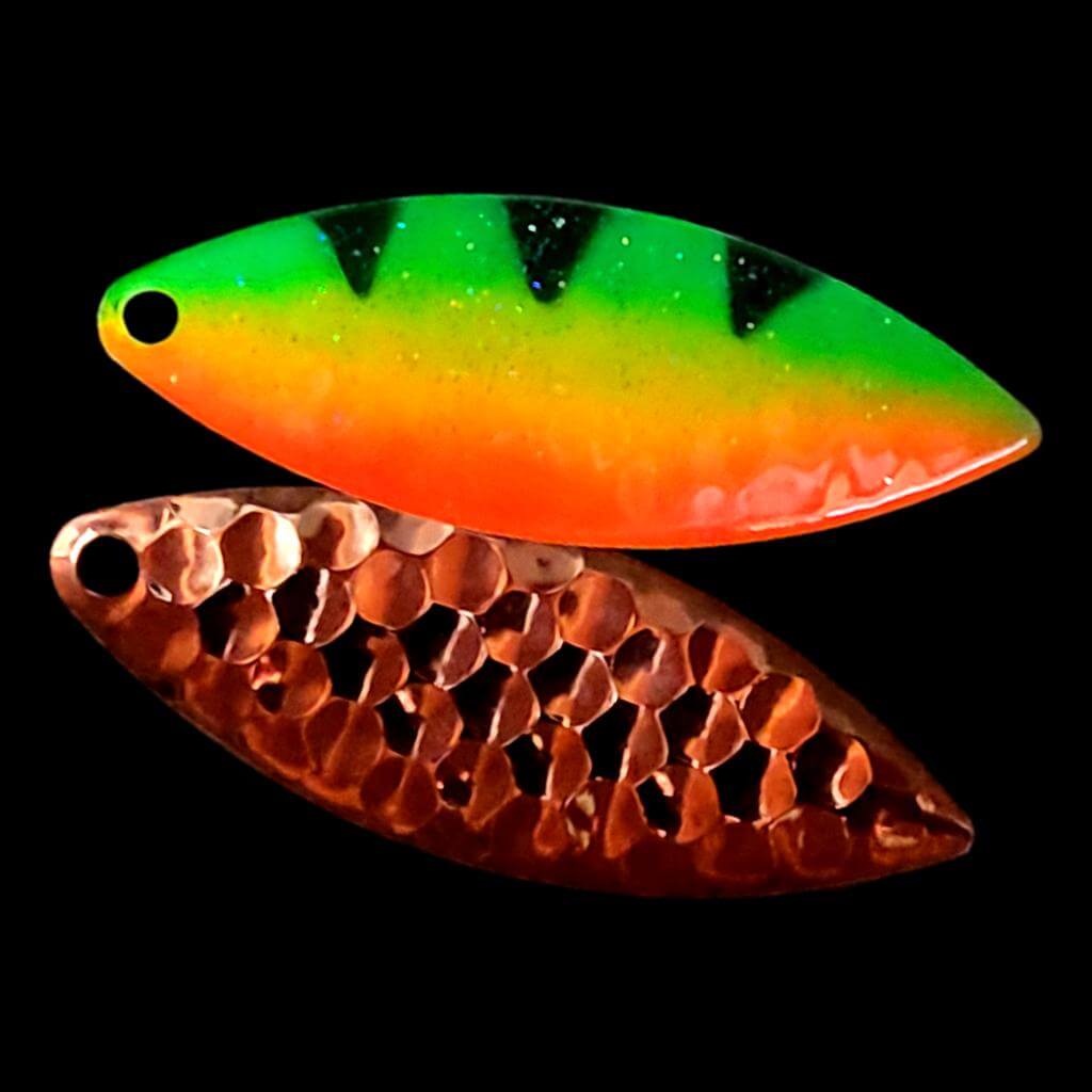 Bago Lures Firetiger Willowleaf Spinner Blade with copper back.