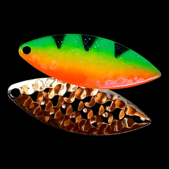Bago Lures Firetiger Willowleaf Spinner Blade with gold back.