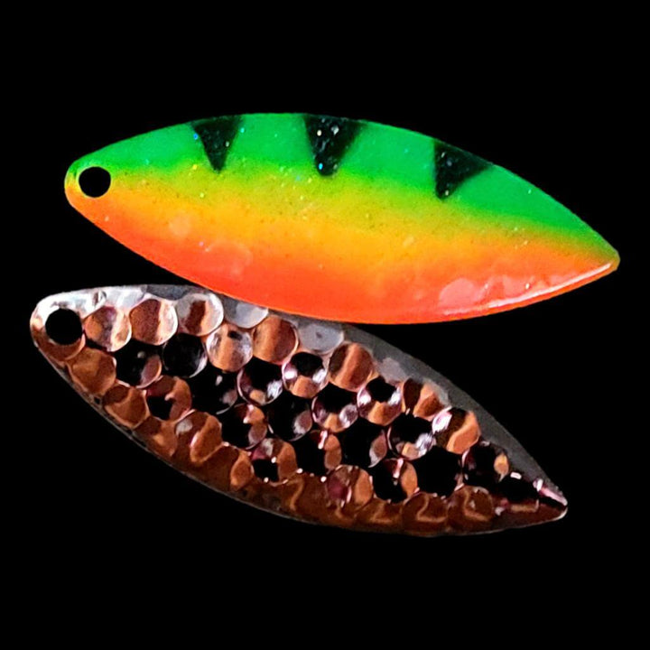 Bago Lures Firetiger Willowleaf Spinner Blade with nickel back.