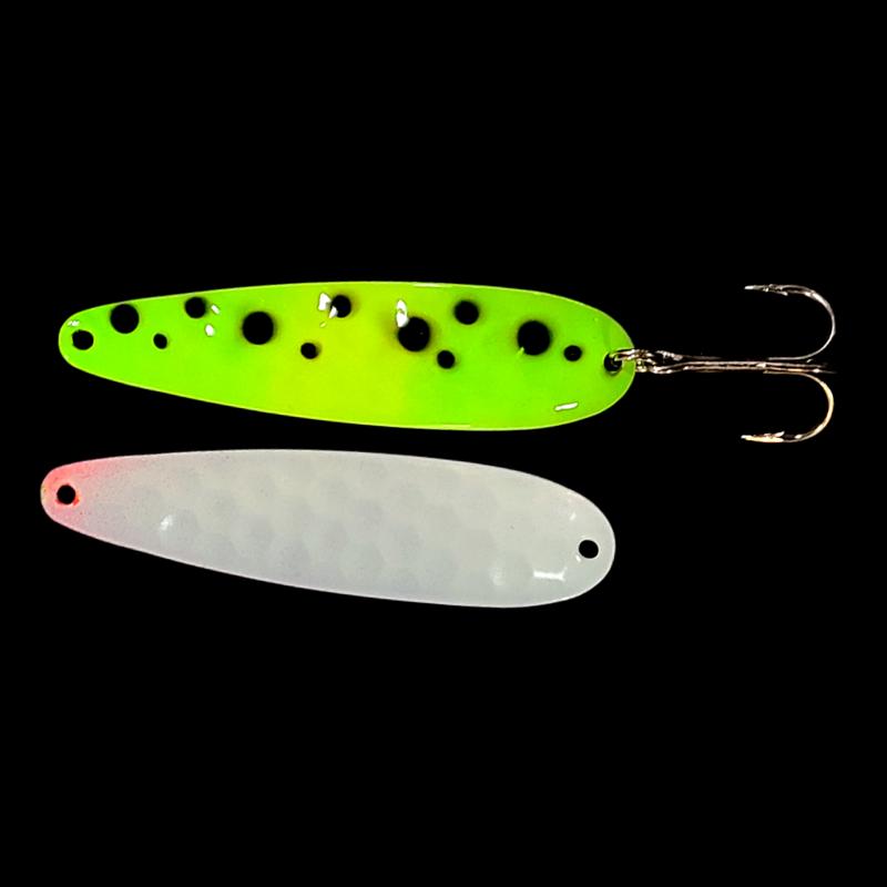 Bago Lures Glow Green Froggy Salmon Whisperer Trolling Spoon with glow white back.
