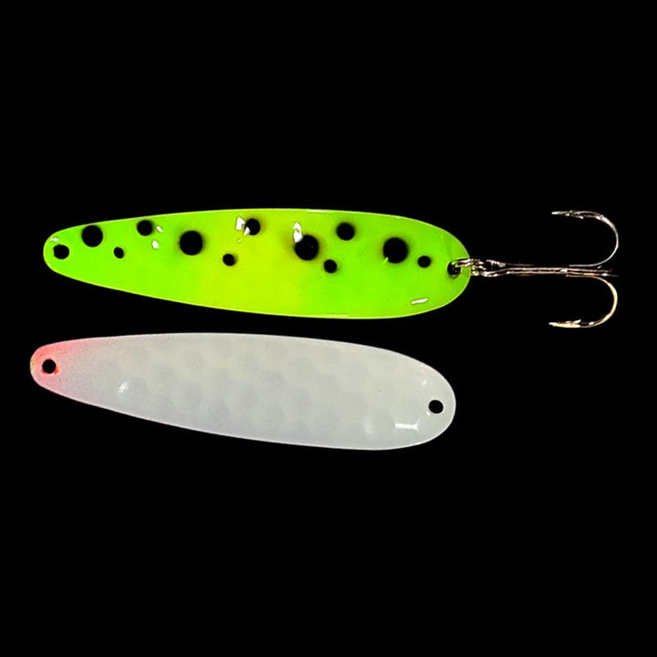 Bago Lures Glow Green Froggy Salmon Whisperer Trolling Spoon with glow white back.