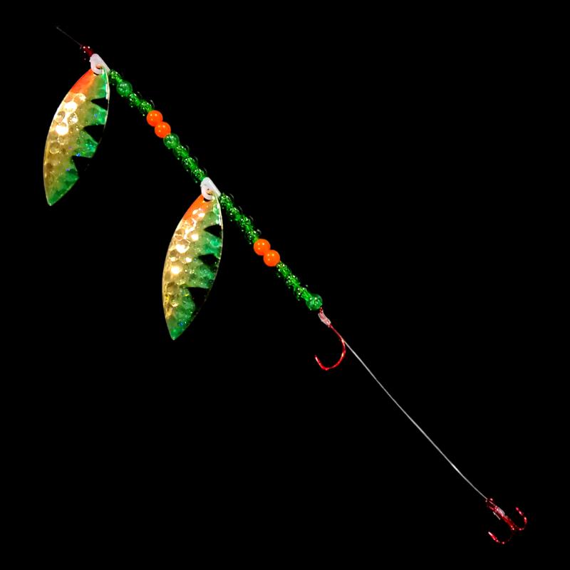 Bago Lures Golden Perch Walleye Whisperer Tandem Willow Leaf Blade Crawler Harness with treble hook.