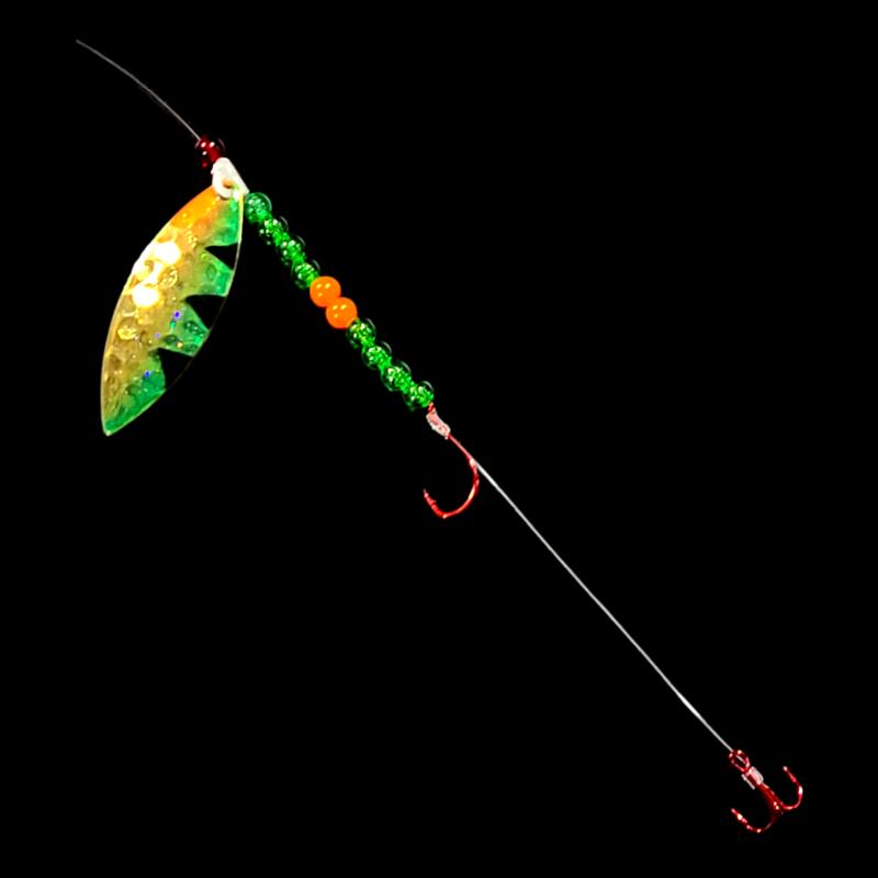 Bago Lures Golden Perch Walleye Whisperer Willow Leaf Blade Crawler Harness with treble hook.