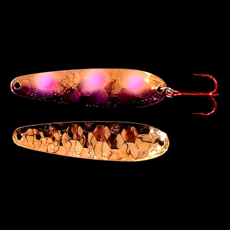 Bago Lures Grape Jelly Walleye Whisperer Flutter Spoon with copper back.