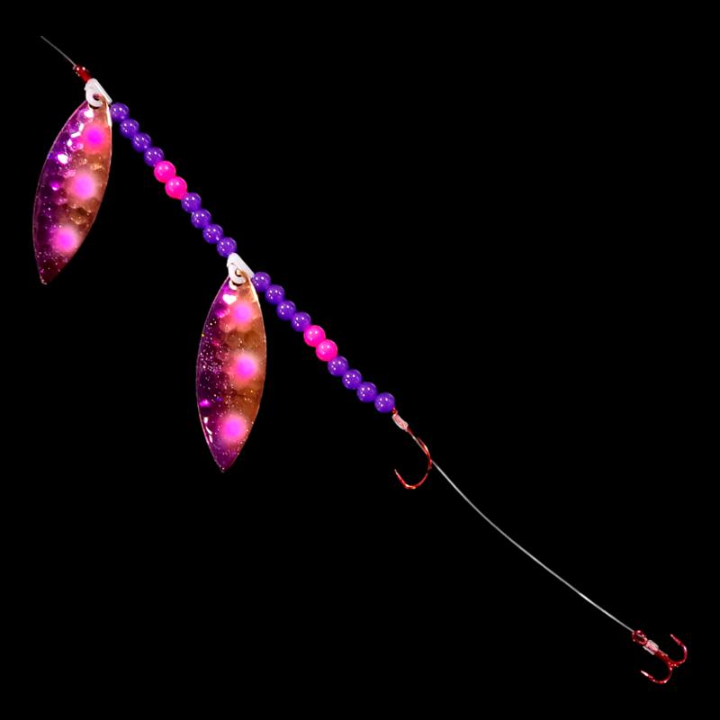 Bago Lures Grape Jelly Walleye Whisperer Tandem Willow Leaf Blade Crawler Harness with treble hook.