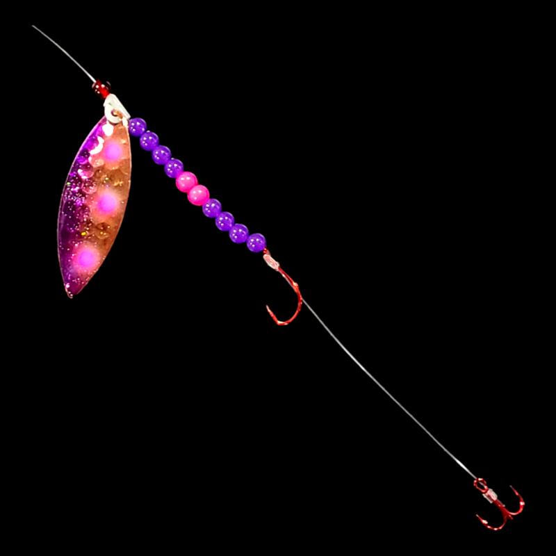 Bago Lures Grape Jelly Walleye Whisperer Willow Leaf Blade Crawler Harness with treble hook.