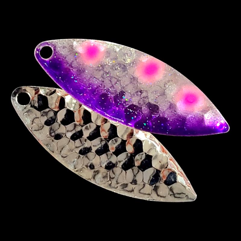 Bago Lures Grape Jelly Willow Leaf Spinner Blade with silver back.