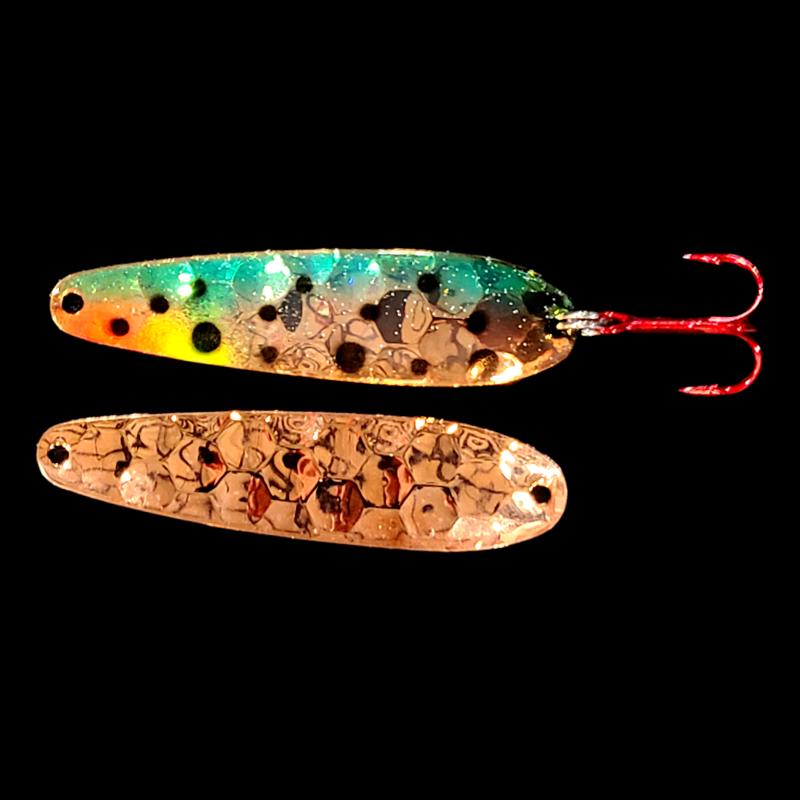 Bago Lures Green Huckleberry Walleye Whisperer Flutter Spoon with copper back.