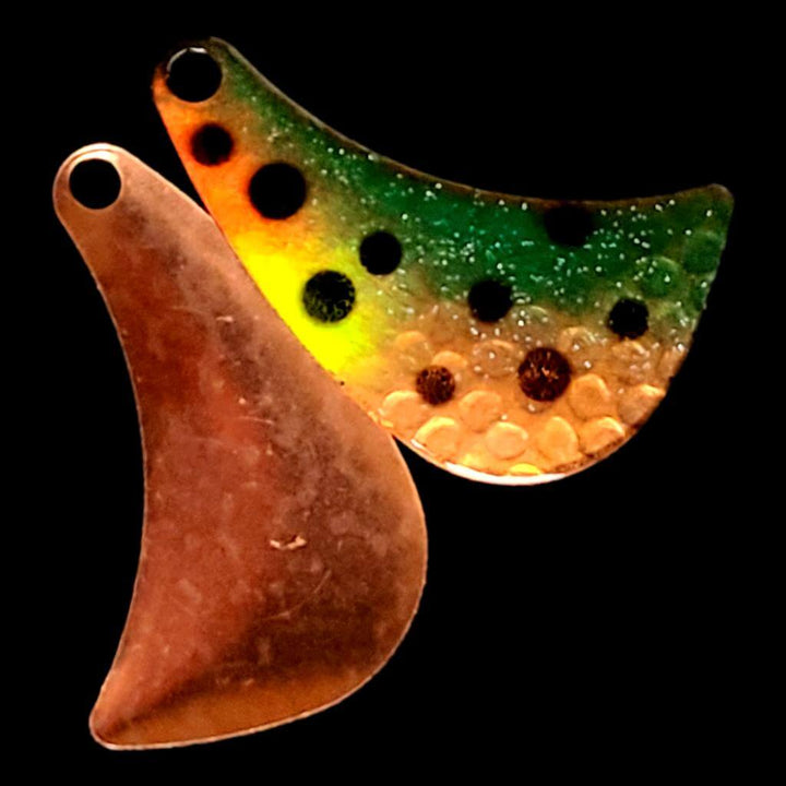 Bago Lures Green Huckleberry Hatchet Spinner Blade with copper back.