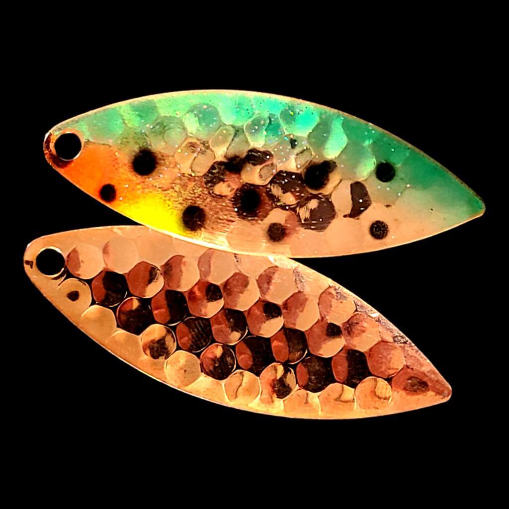 Bago Lures Green Huckleberry Willowleaf Spinner Blade with copper back.