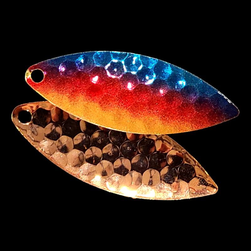 Bago Lures Metallic Superman Walleye Whisperer Willowleaf Blade with copper back.