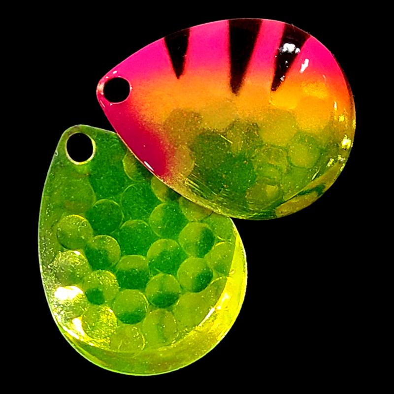 Bago Lures Pink Antifreeze Dragon Walleye Whisperer Deep Cup Colorado Blade with antifreeze back.