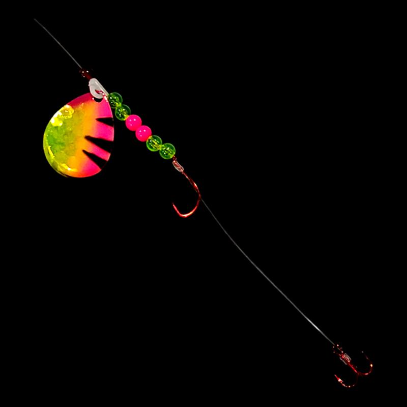 Bago Lures Pink Antifreeze Dragon Walleye Whisperer Crawler Harness with treble hook.