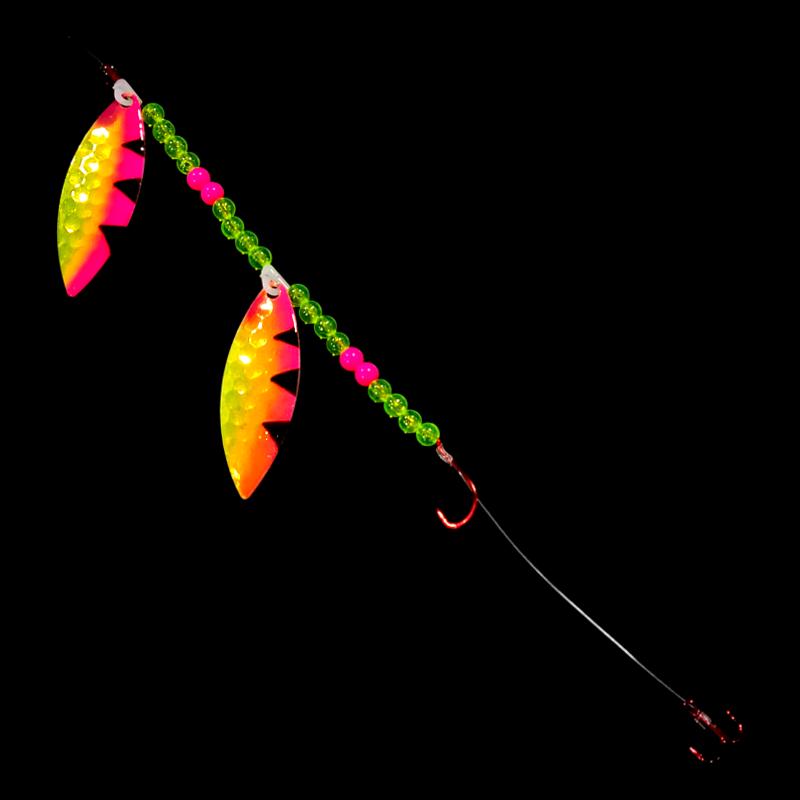 Bago Lures Pink Antifreeze Dragon Walleye Whisperer Tandem Willow Leaf Blade Harness with treble hook.
