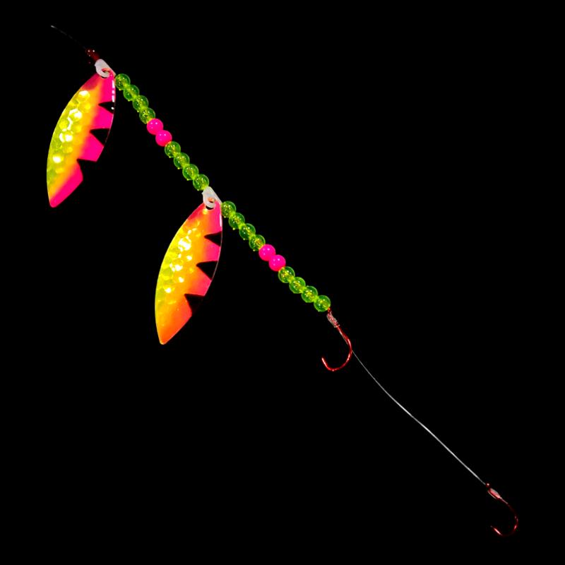 Bago Lures Pink Antifreeze Dragon Walleye Whisperer Tandem Willow Leaf Blade Harness.