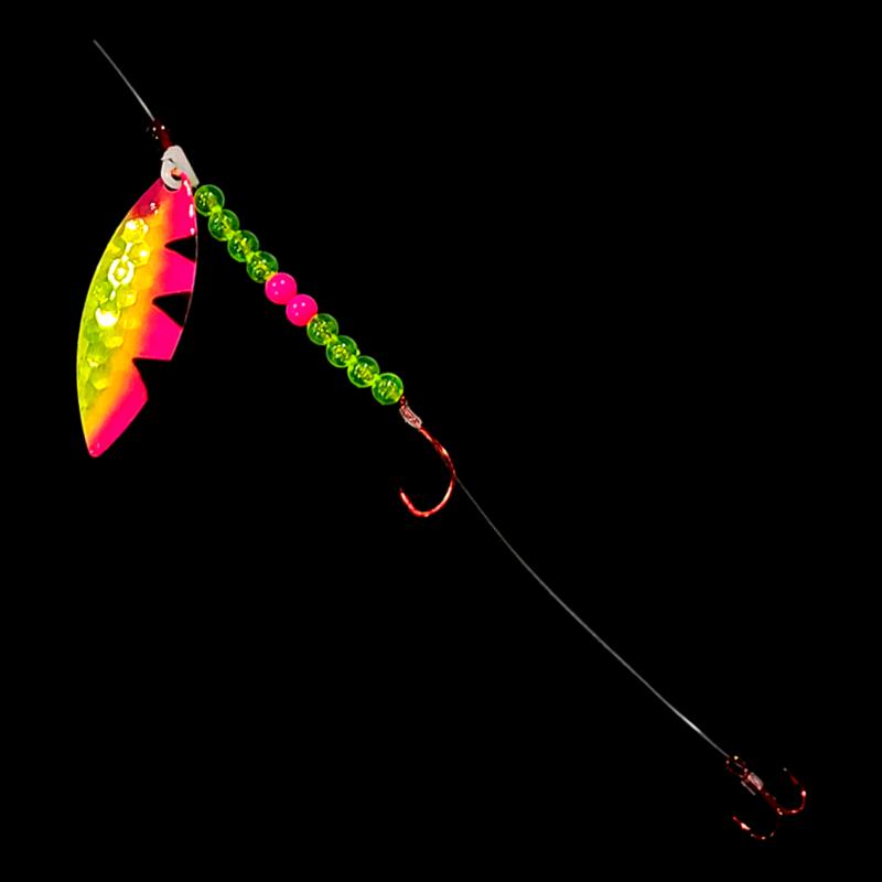 Bago Lures Pink Antifreeze Dragon Walleye Whisperer Willow Leaf Blade Crawler Harness with treble hook.