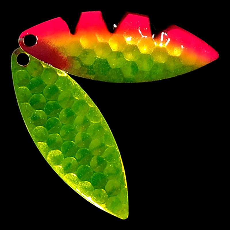 Bago Lures Pink Antifreeze Dragon Walleye Whisperer Willowleaf Blade with antifreeze back.