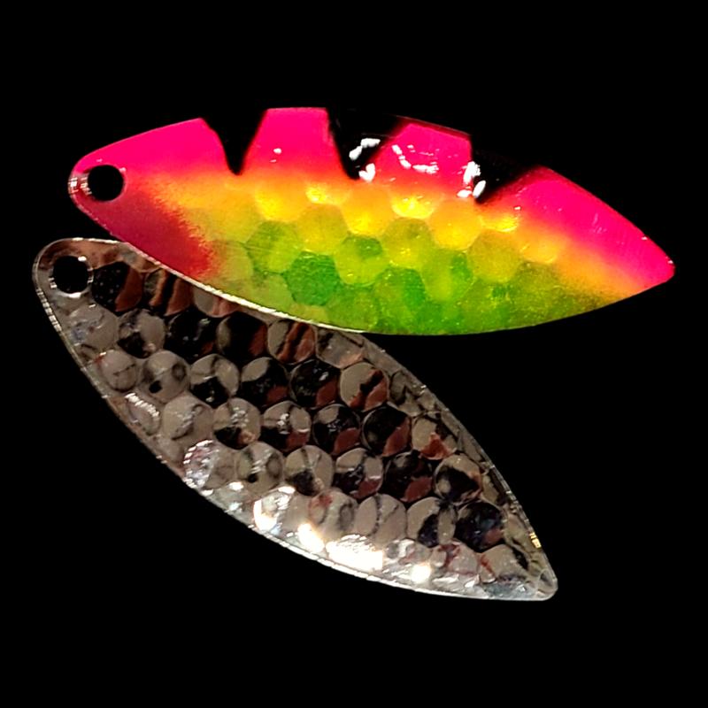 Bago Lures Pink Antifreeze Dragon Walleye Whisperer Willowleaf Blade with silver back.