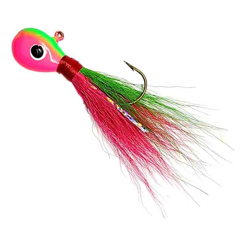 Bago Lures Pink Green Flat Head Bucktail Jig.