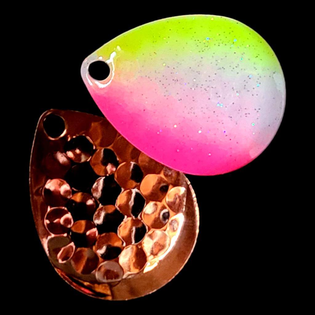 Bago Lures Pink Lemonade Deep Cup Colorado Blade with copper back.