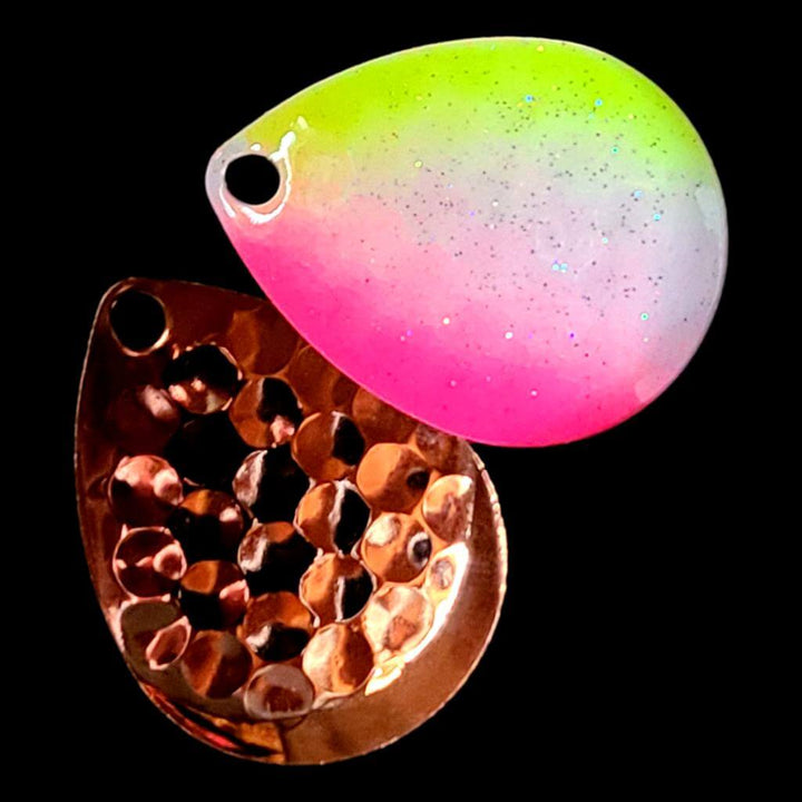 Bago Lures Pink Lemonade Deep Cup Colorado Blade with copper back.