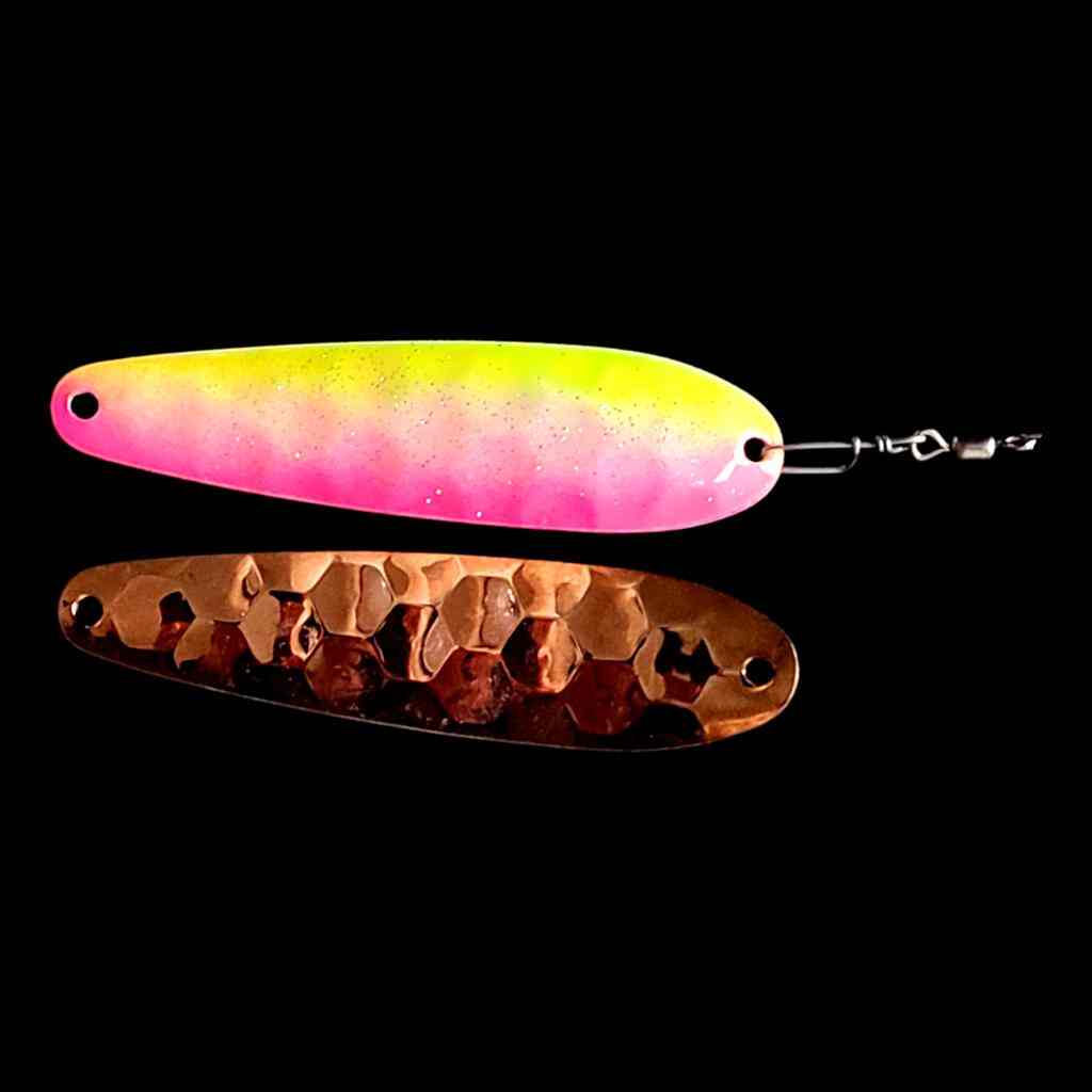Bago Lures Pink Lemonade Spoon Harness with copper back.