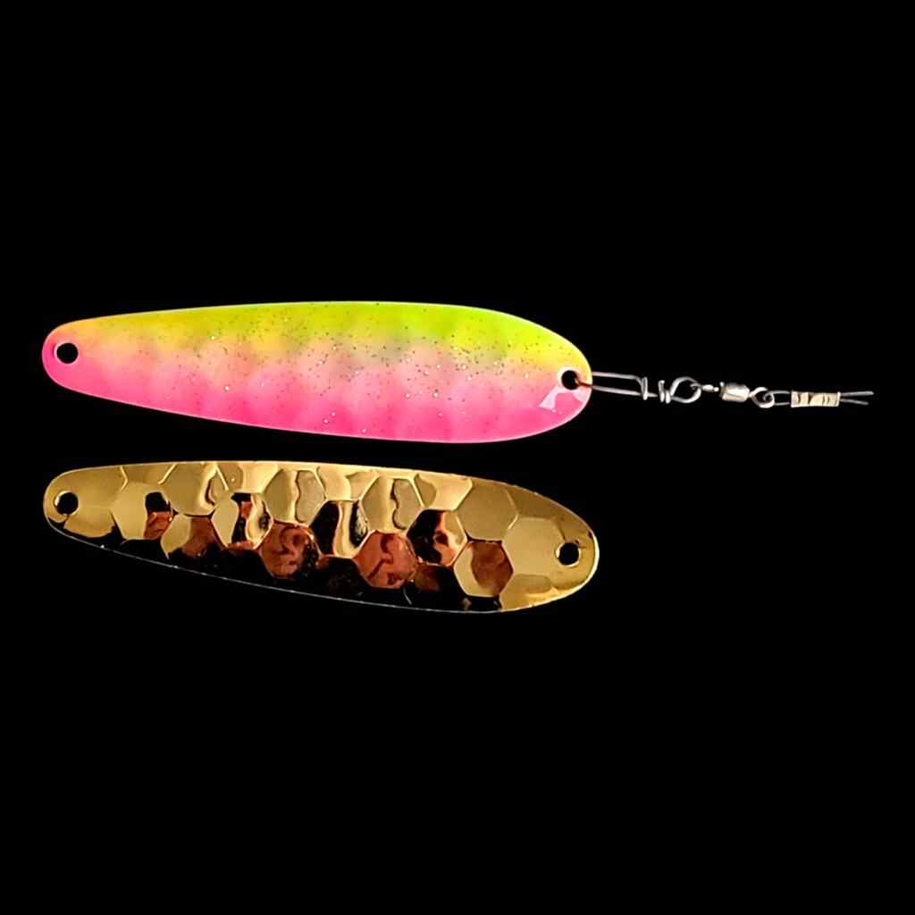 Bago Lures Pink Lemonade Spoon Harness with gold back.
